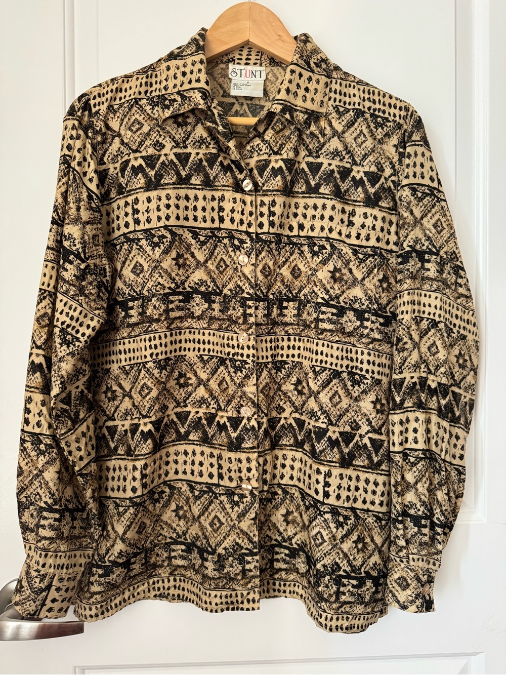 Vintage Stunt 100% silk brown patterned button down shirt, oversized small